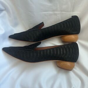 Jeffrey Campbell Viona Black Matte SnakeTextured Loafers with Wooden Heel